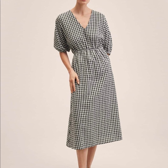 MANGO white&black checked cotton A-line midi dress. - Picture 8 of 9